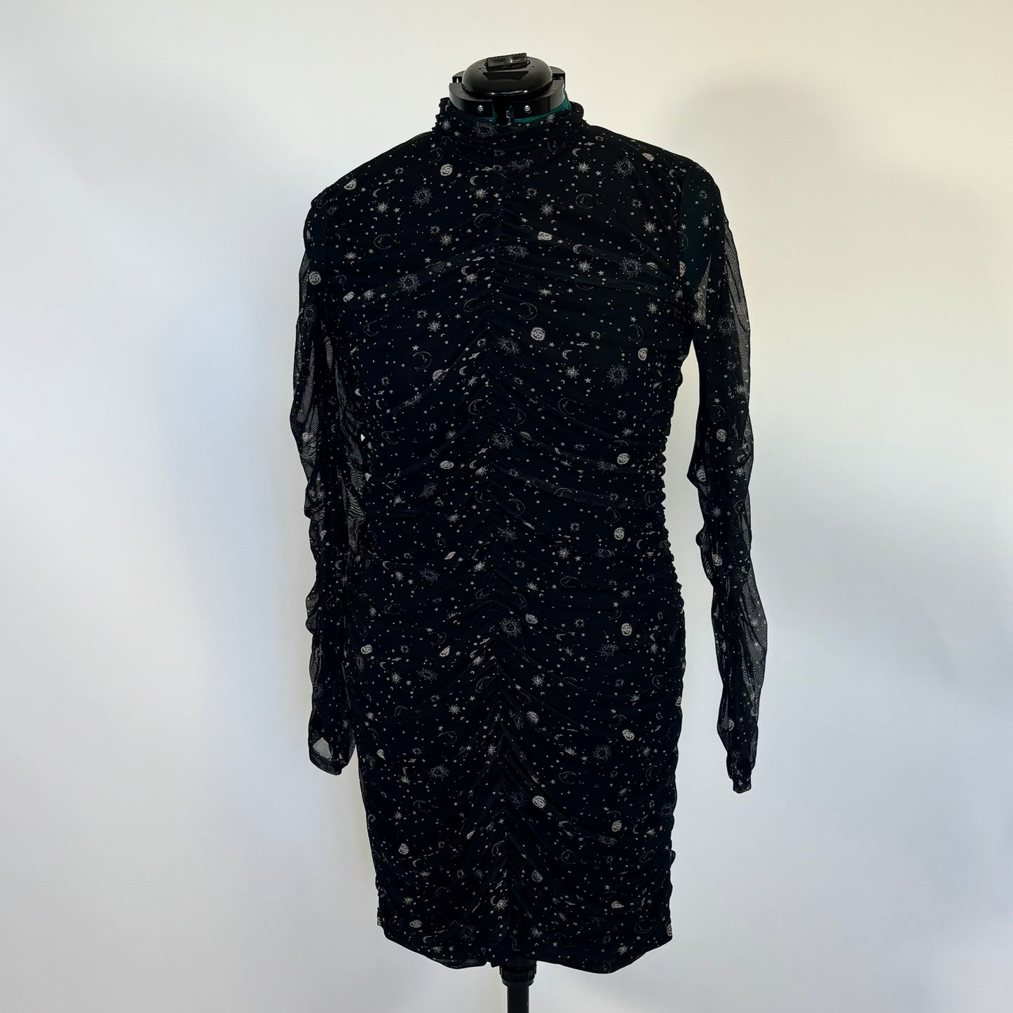 Celestial Print Ruched Mesh Overlay Bodycon Dress