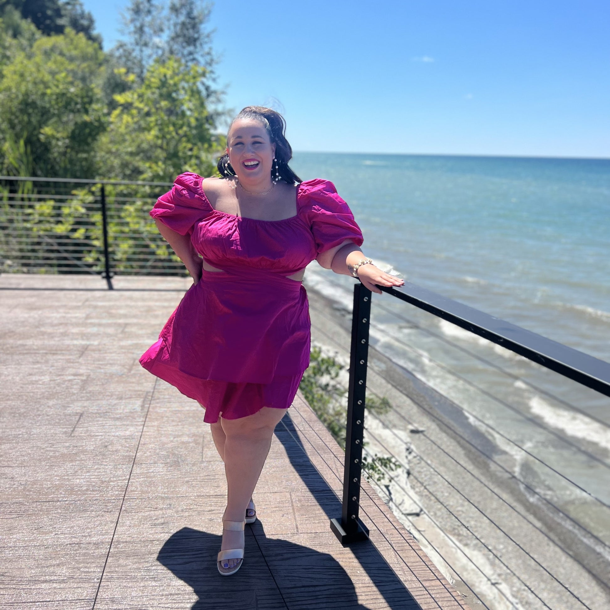 ELOQUII Pink Puff Sleeve Dress with Back Cut Out ELOQUII Pink Puff Sleeve Dress with Back Cut Out