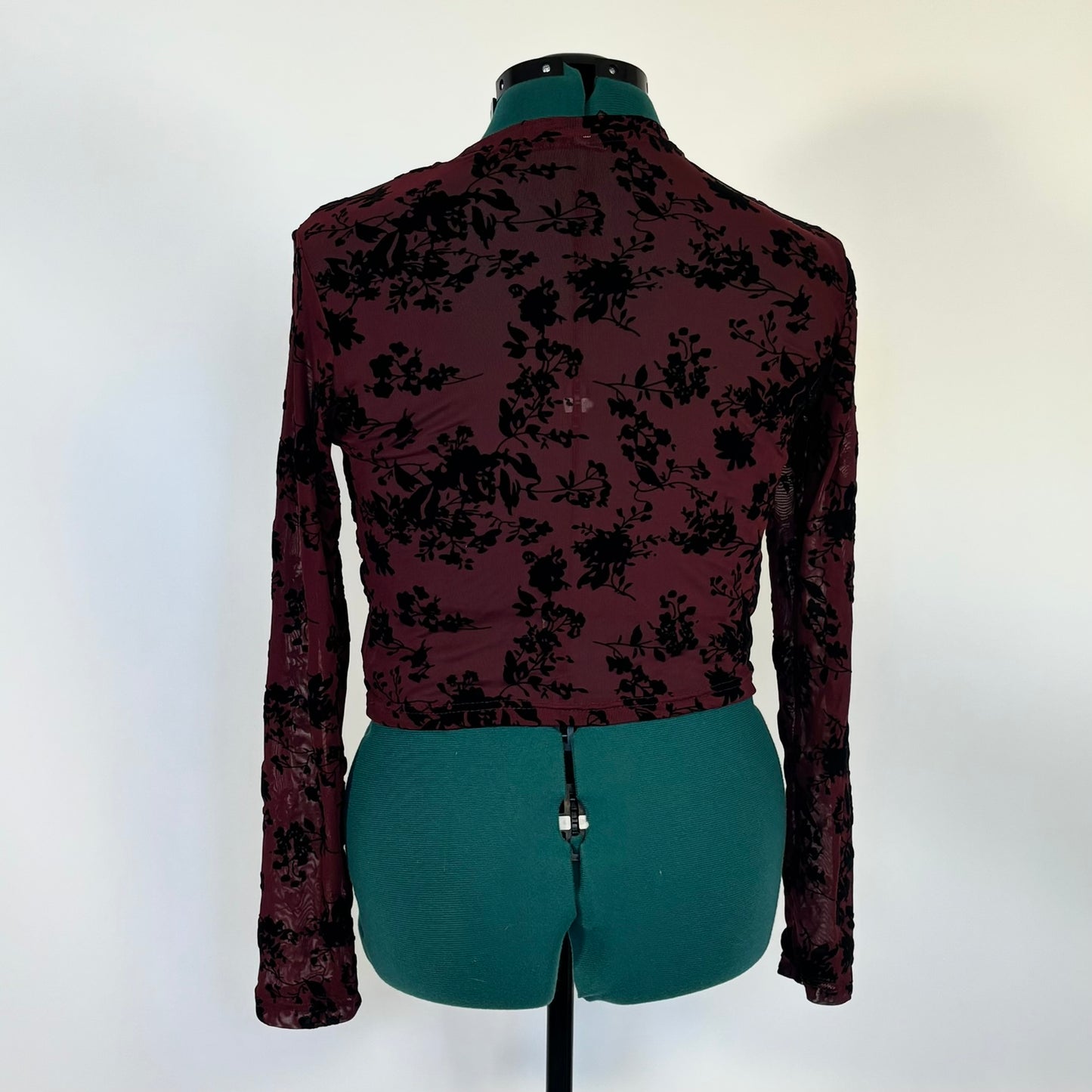 Burgundy Mesh Crop Top with Black Velvet Rose Pattern