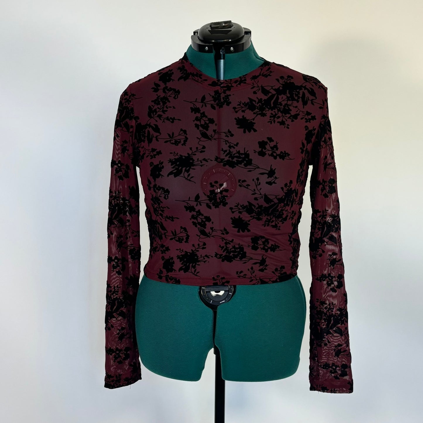 Burgundy Mesh Crop Top with Black Velvet Rose Pattern