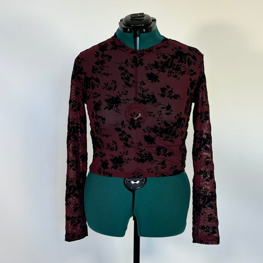 Burgundy Mesh Crop Top with Black Velvet Rose Pattern