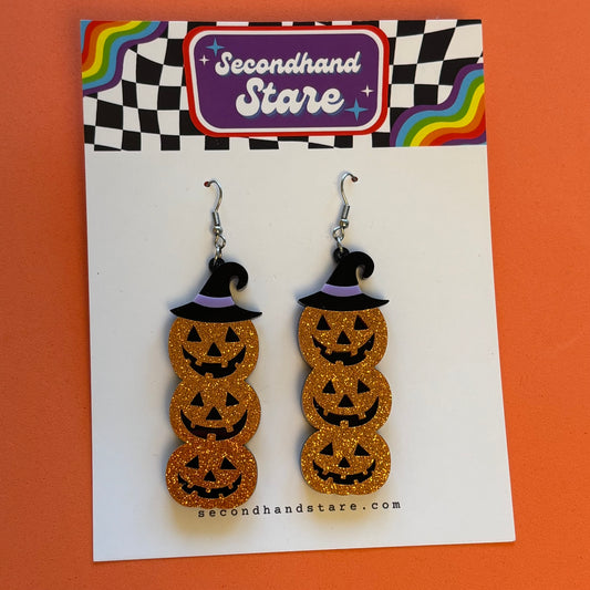 Pumpkin Stack with Witch Hat Acrylic Earrings