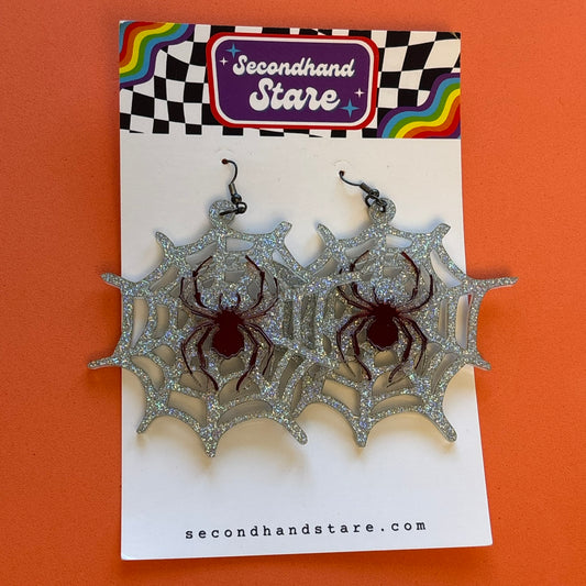 Silver and Red Glitter Acrylic Spiderweb Earrings