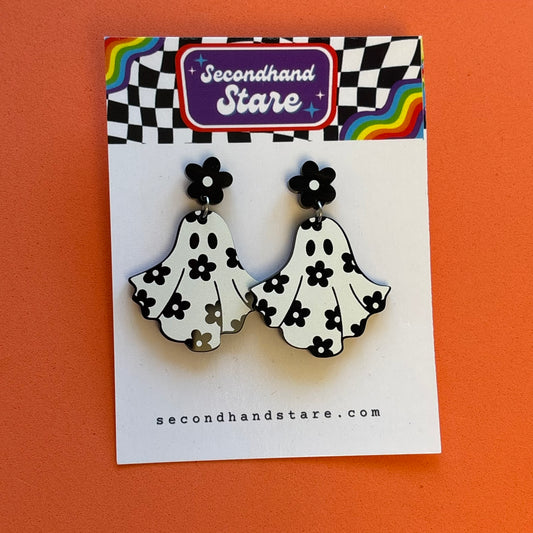 Black and White Floral Ghost Earrings