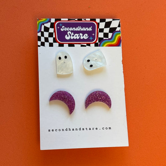 Acrylic Ghost and Glitter Moon Stud Earring Set