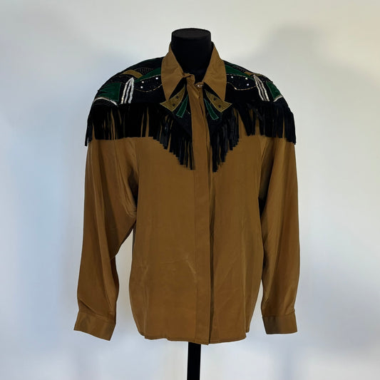 Vintage Cedars 100% Silk Khaki Colored Western Button Down Top