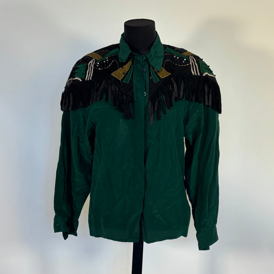 Vintage Cedars 100% Green Silk Western Button Down Top