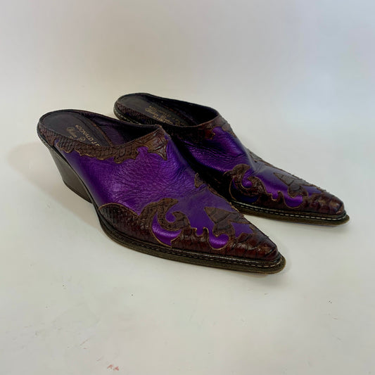 Sz 9 Vintage Donald J. Pliner Purple Leather Western Heeled Mules