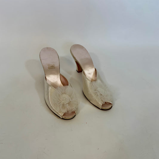 Sz 7 Vintage 1940s Daniel Green Light Pink Satin Boudoir Heels