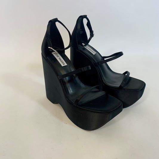 Sz 9 Steve Madden Y2K Platform Chunky Wedge Black Satin Heels