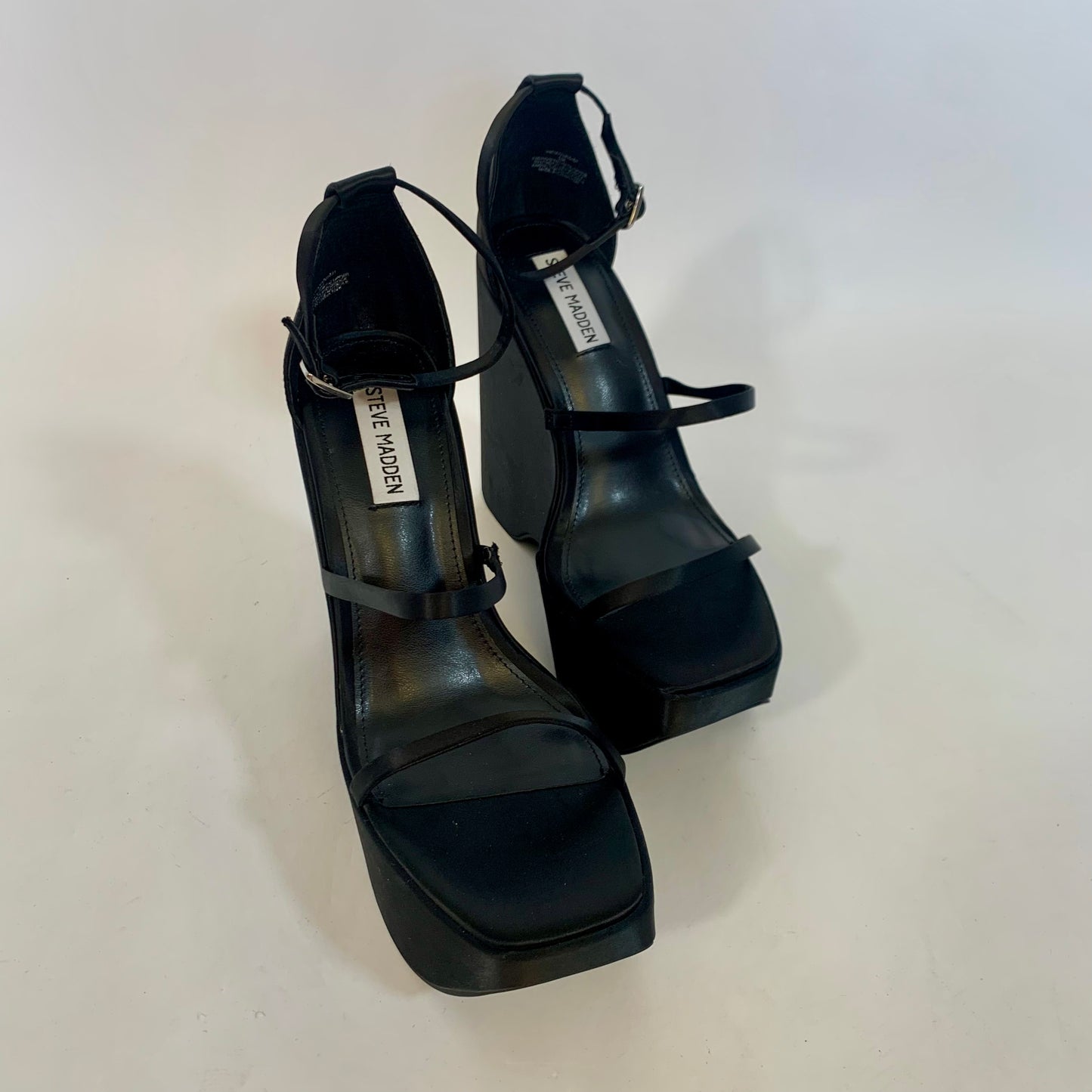 Sz 9 Steve Madden Y2K Platform Chunky Wedge Black Satin Heels