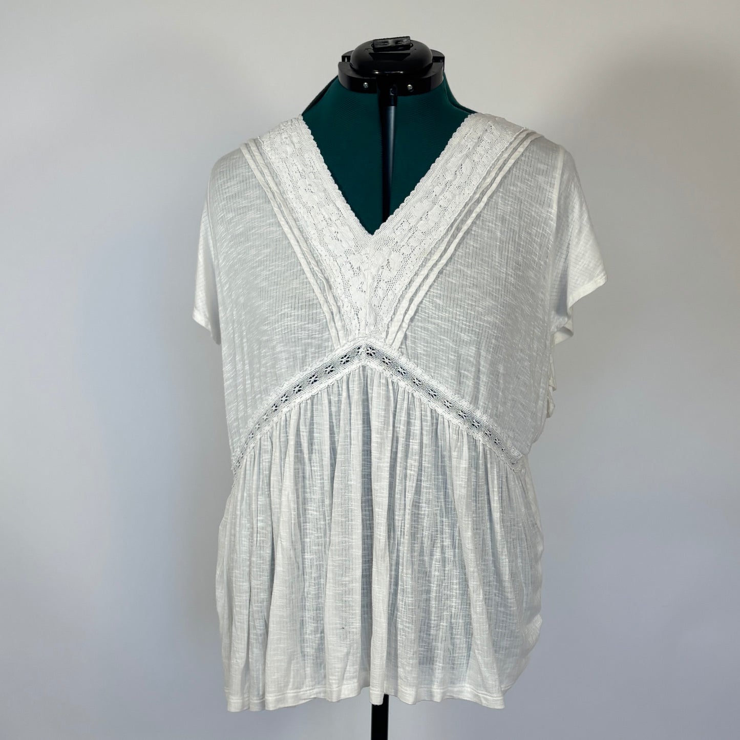 Torrid White V Neck Babydoll Top with Crochet Lace Details