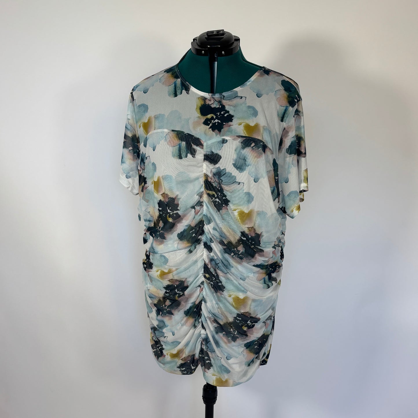 Torrid Blue Watercolor Floral Ruched Mesh Overlay Top