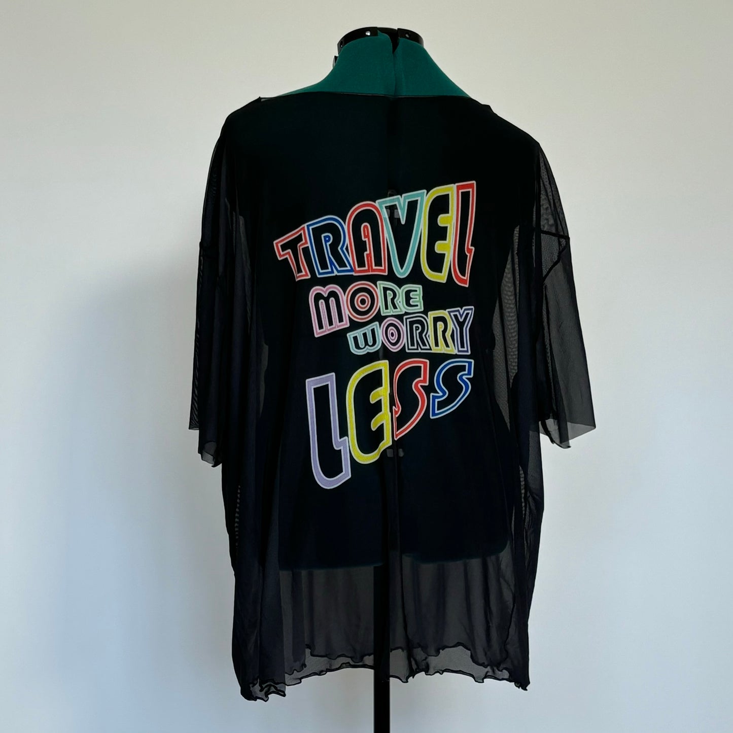 Black Sheer Mesh “Travel More Worry Less,” Graphic Top