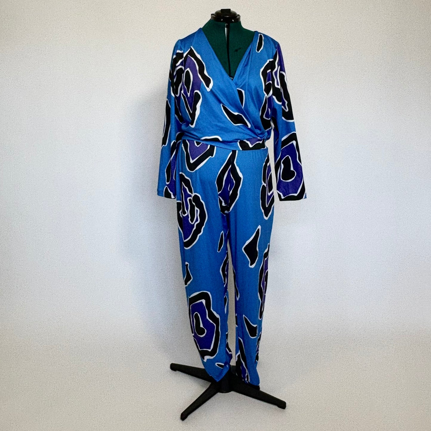 Blue Long Sleeve Abstract Print Jumpsuit