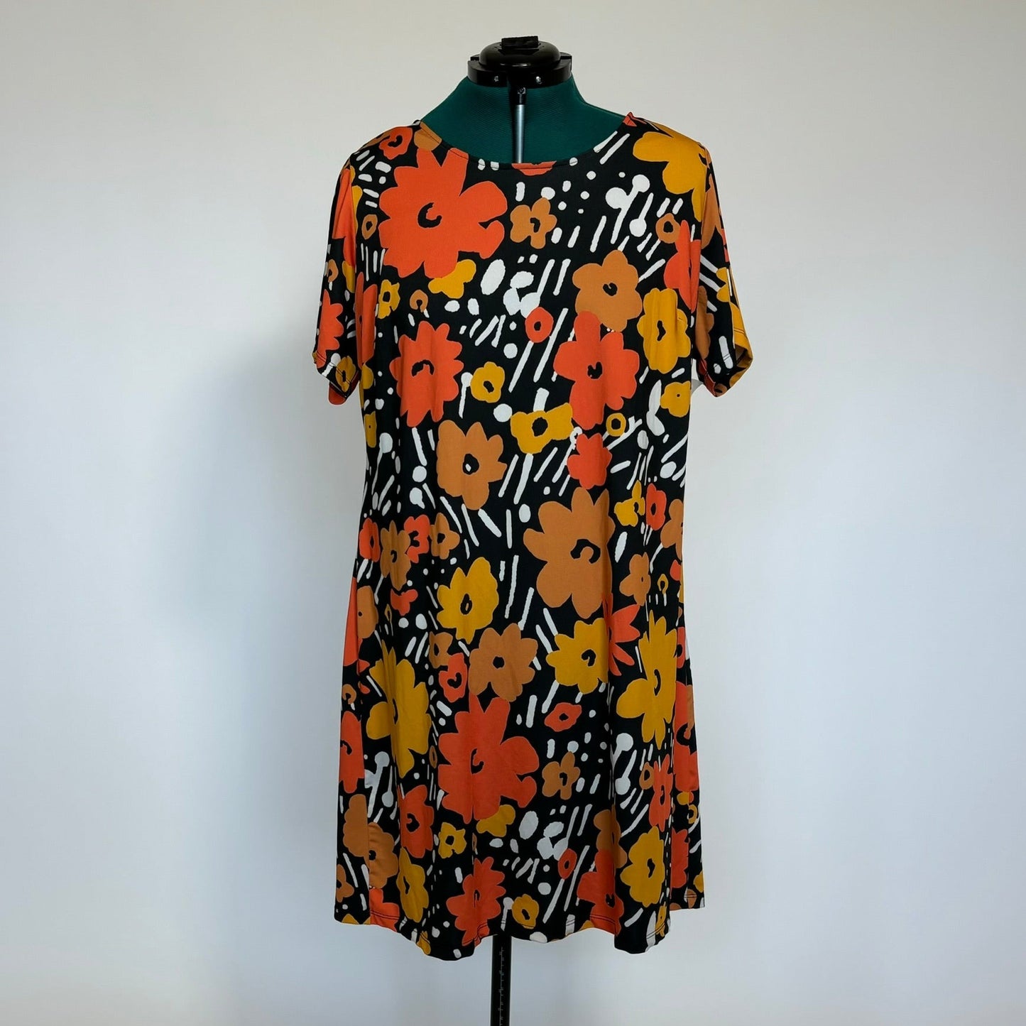 Orange Floral and Abstract Print Black Shift Dress