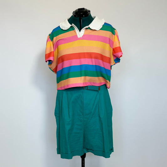 Rainbow Stripe Collared Cropped Polo Shirt