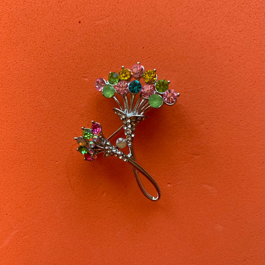 Vintage Gold-Toned Pink and Green Stone Floral Brooch