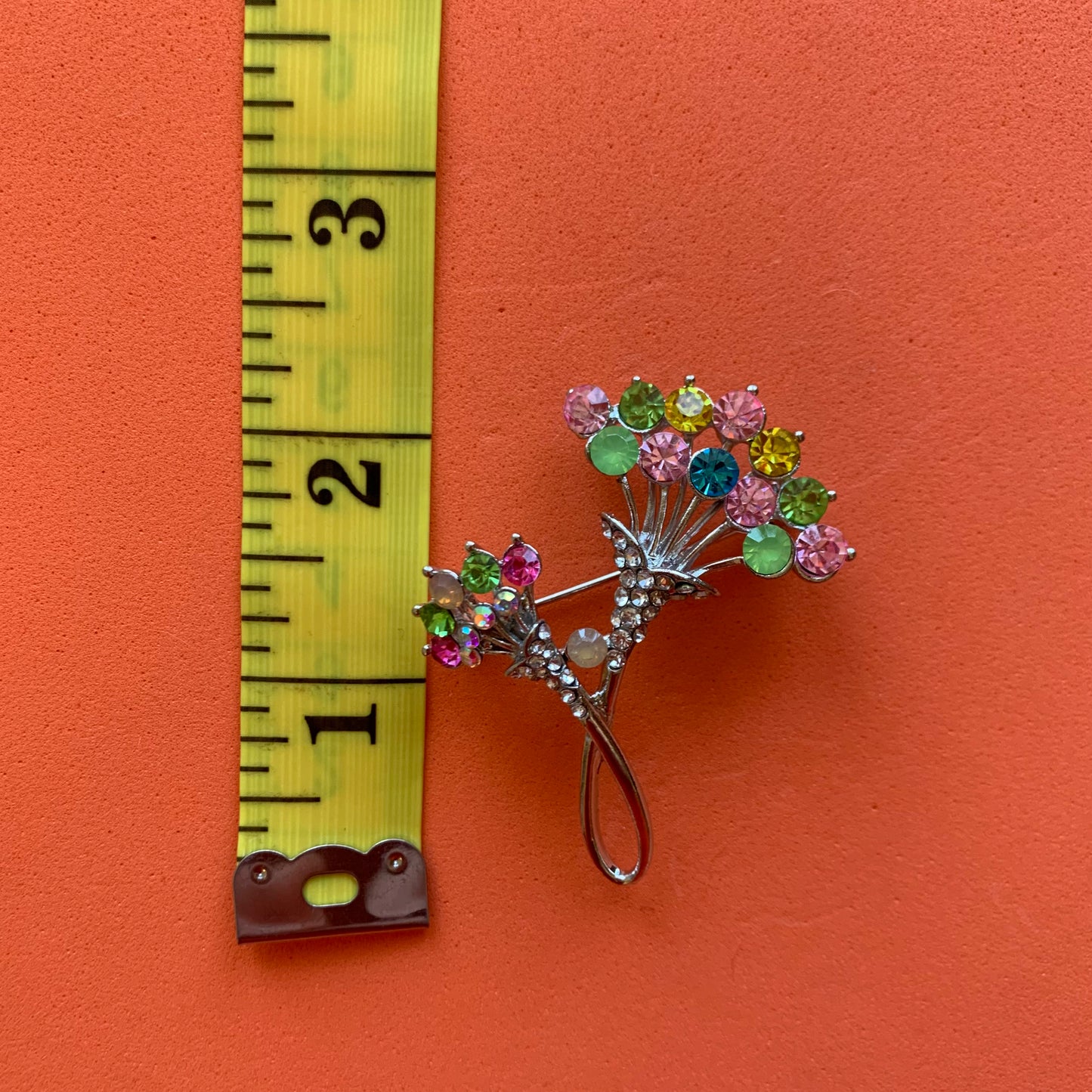 Vintage Gold-Toned Pink and Green Stone Floral Brooch