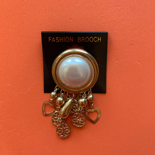 Vintage Gold-Toned Faux Pearl Dangle Charm Brooch