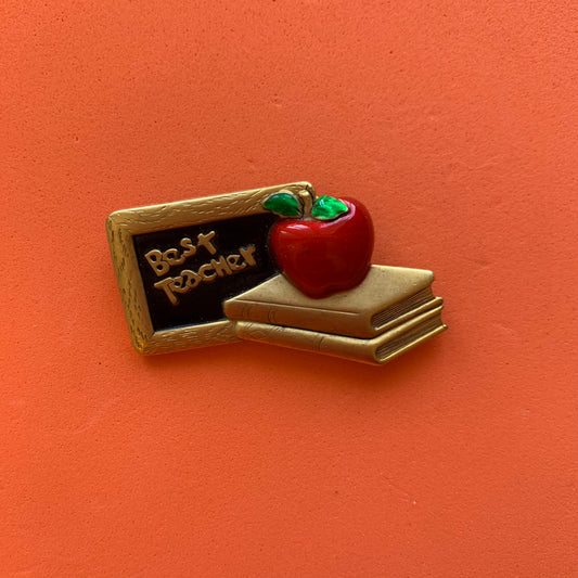 Vintage Gold-Toned Enamel Best Teacher Apple Chalkboard Brooch