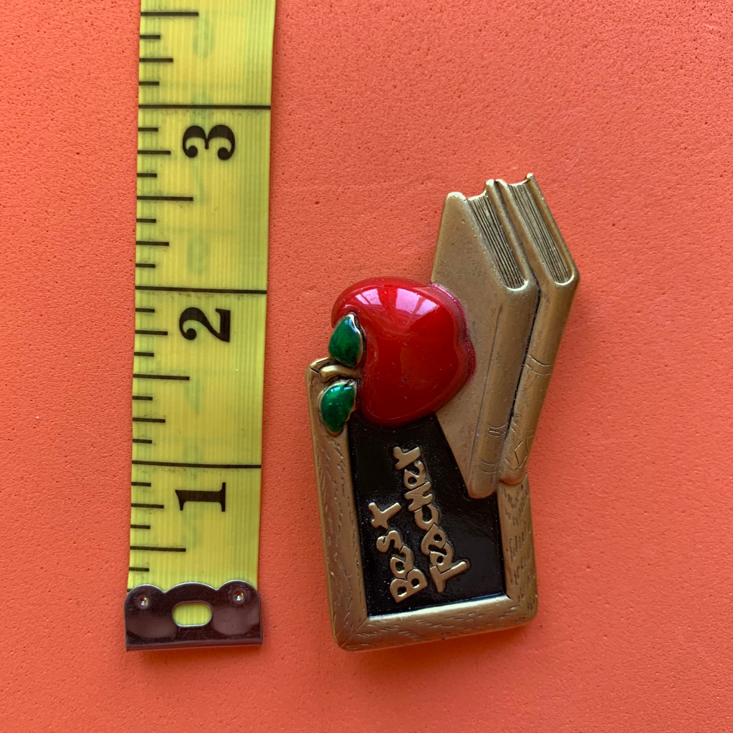 Vintage Gold-Toned Enamel Best Teacher Apple Chalkboard Brooch