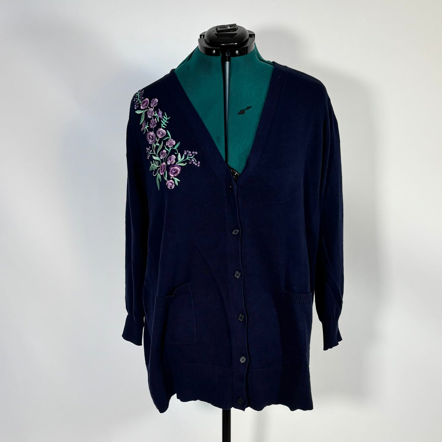 Navy Button Front Cardigan with Purple Floral Embroidery
