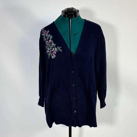 Navy Button Front Cardigan with Purple Floral Embroidery
