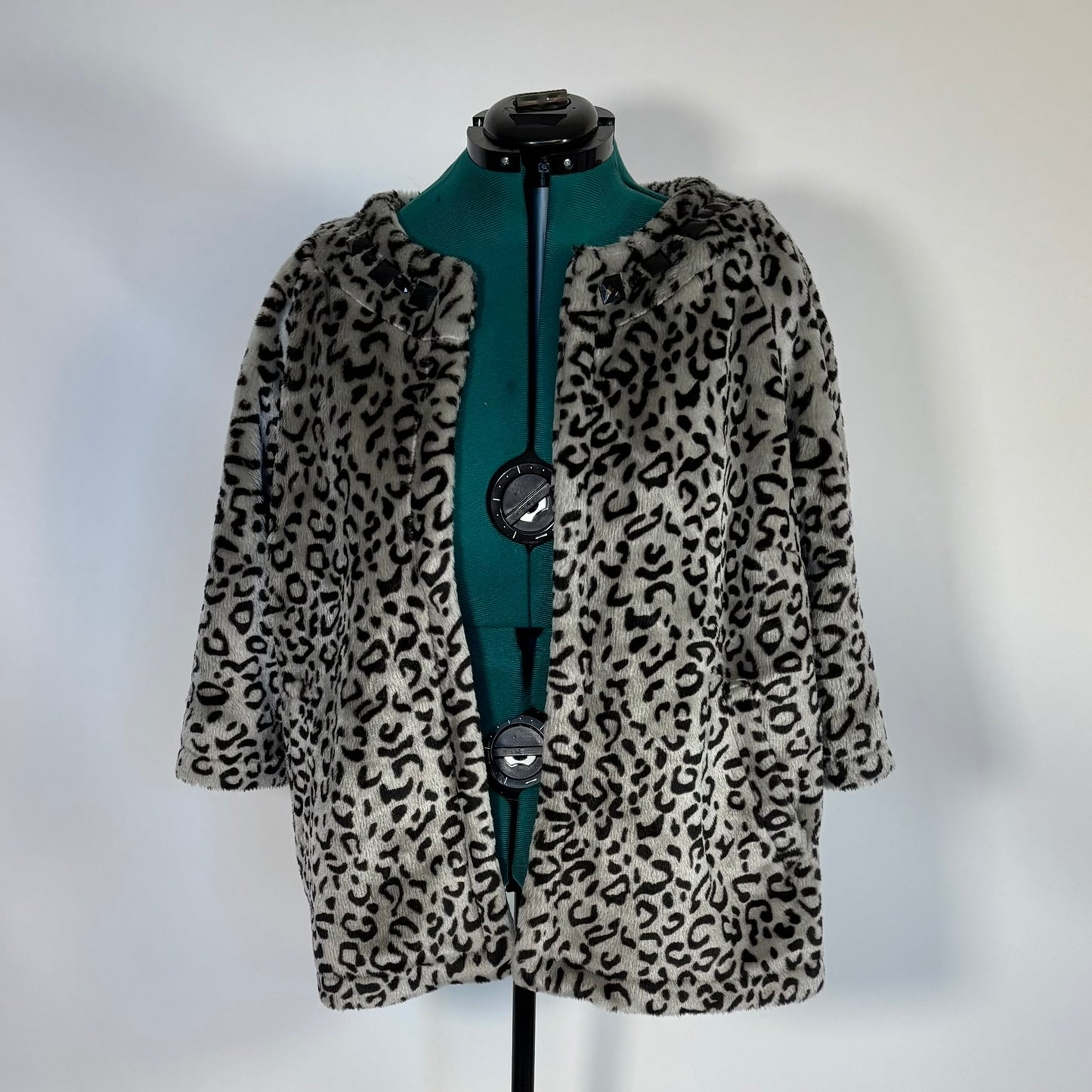 Grey Leopard Print Faux Fur Coat with Rhinestone Accents