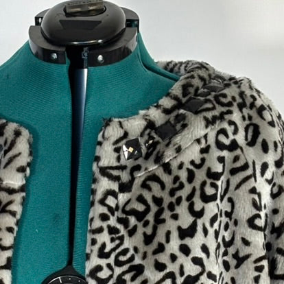 Grey Leopard Print Faux Fur Coat with Rhinestone Accents