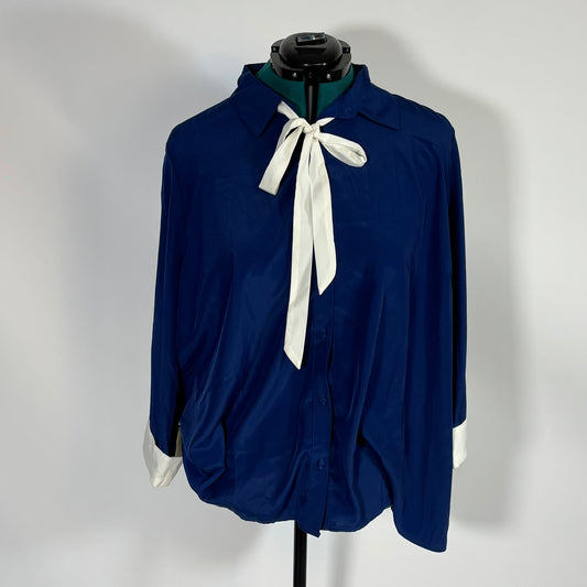 Navy Silky Button Down with White Pussybow and Sleeve Cuffs