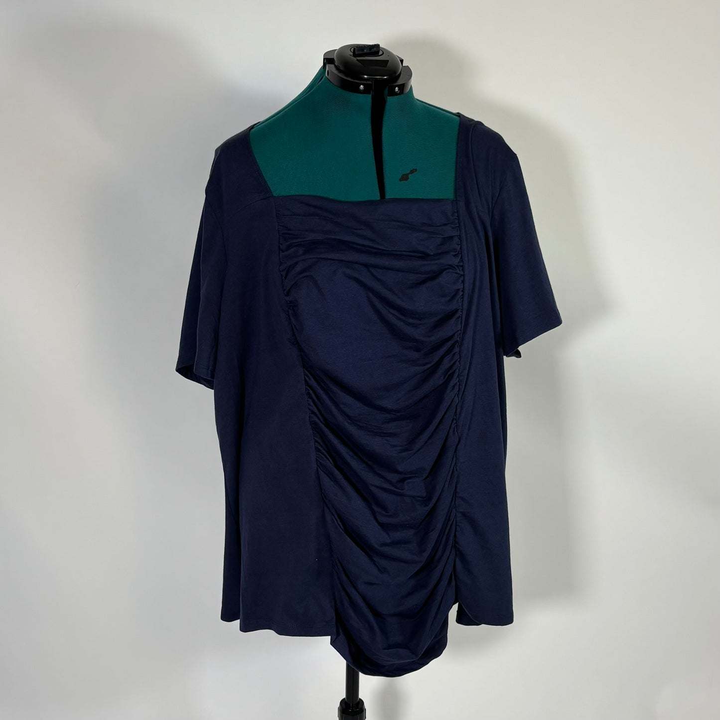 Navy Short Sleeve Square Neck Top with Ruching Detail