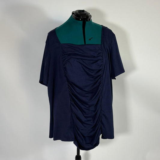 Navy Short Sleeve Square Neck Top with Ruching Detail