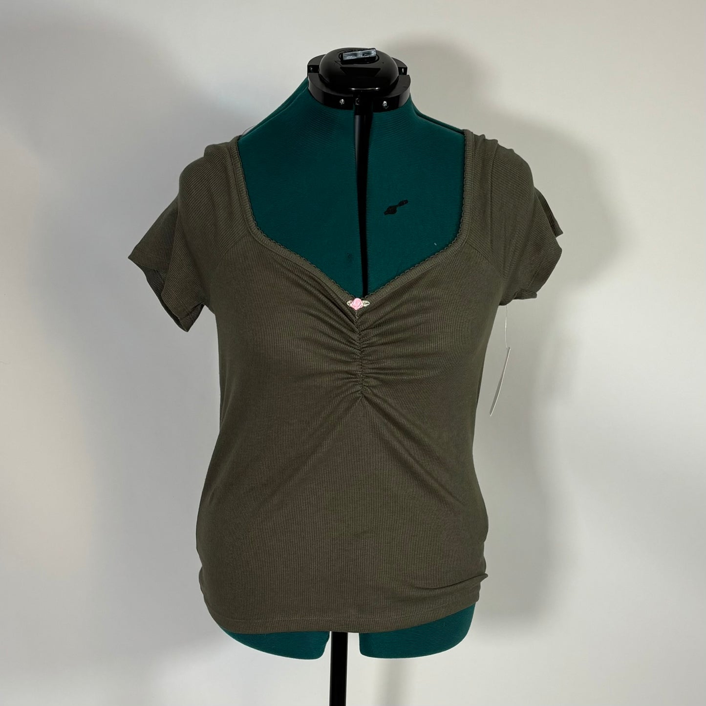 Olive Green Ribbed Baby Tee with Pink Rosette