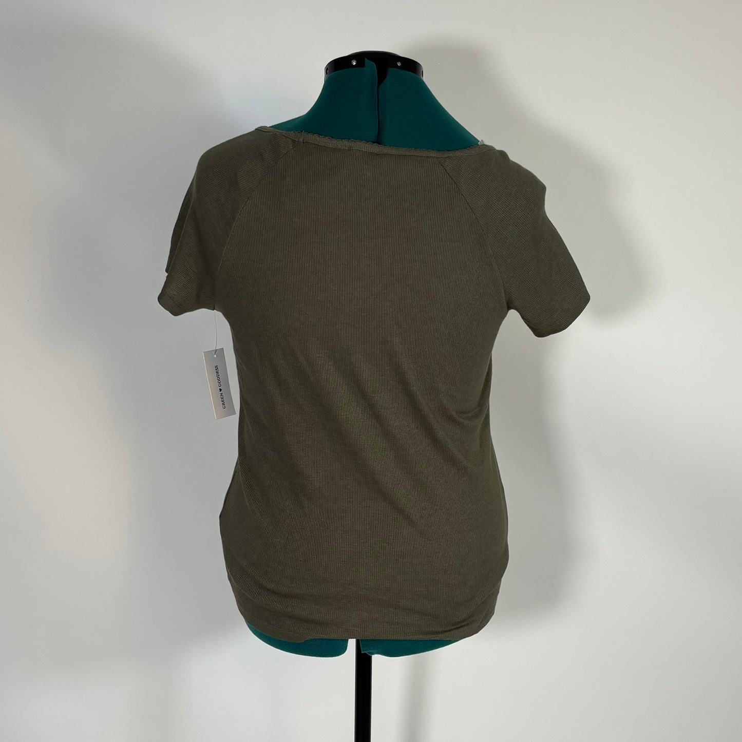 Olive Green Ribbed Baby Tee with Pink Rosette