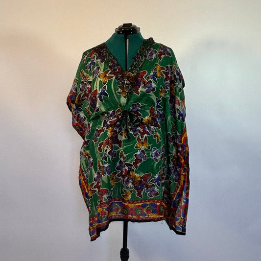 Vintage Green and Multicolor Butterfly Print Caftan Mini