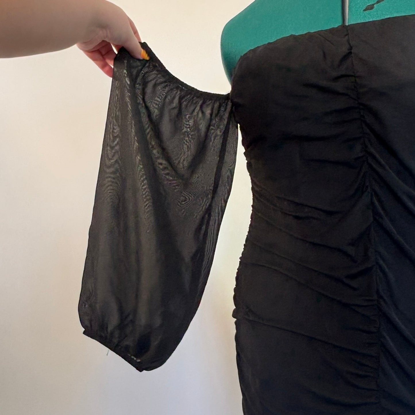 Black Mesh Overlay Off the Shoulder Bodycon Dress