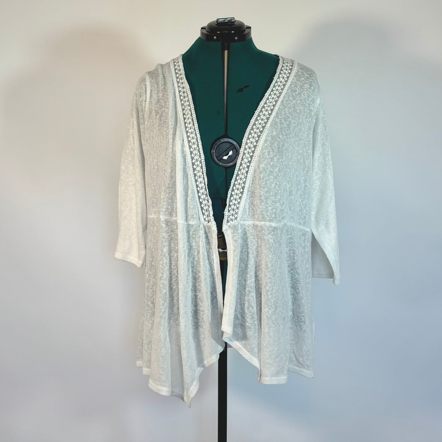Torrid White Open Front Cardigan with Embroidered Mesh Inlays