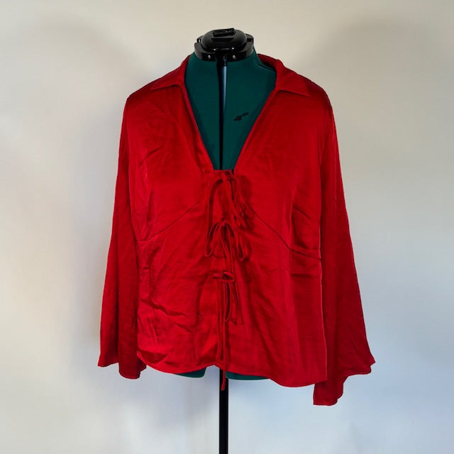 Red Collared Tie Bow Long Sleeve Top