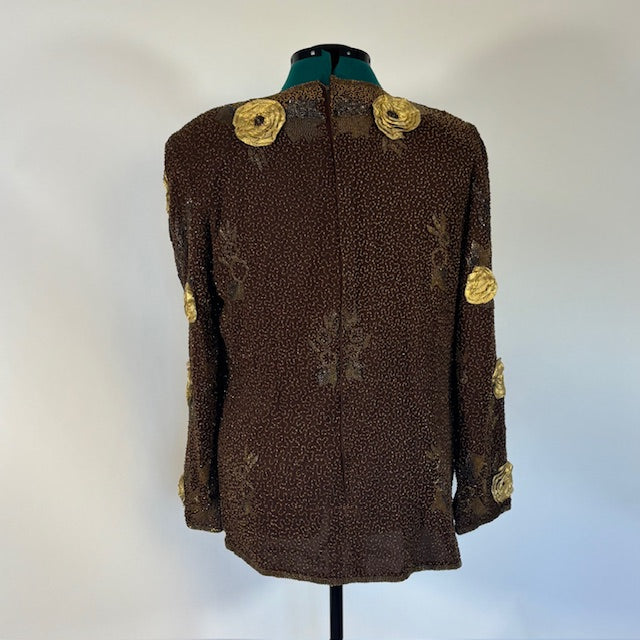 Vintage Brown Beaded Top with Gold Rosettes