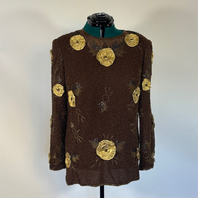 Vintage Brown Beaded Top with Gold Rosettes