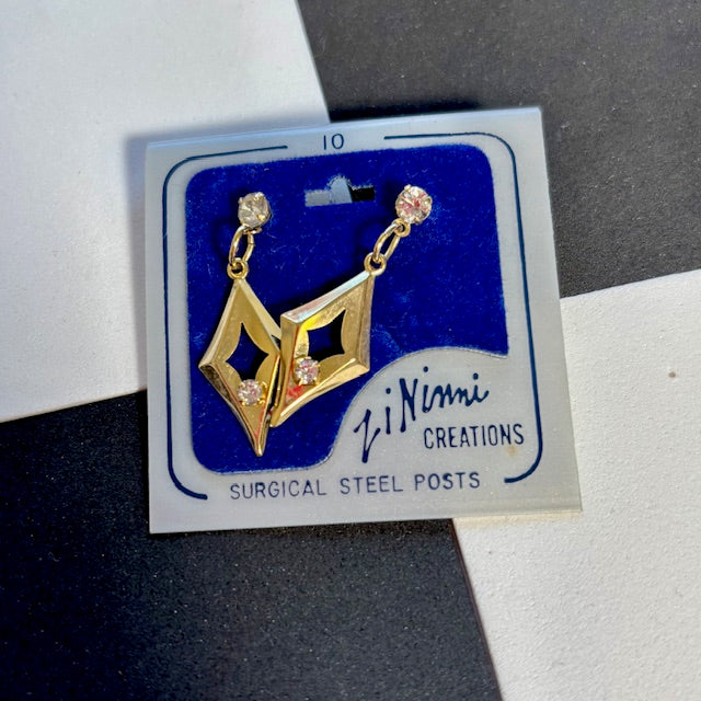 Vintage Zi Ninni Creations Gold Diamond Shaped Earrings with Rhinestone Accents