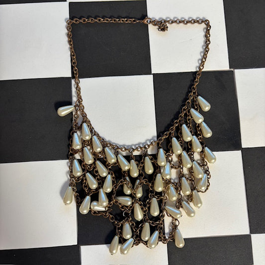 Brass and Faux Pearl Statement Necklace