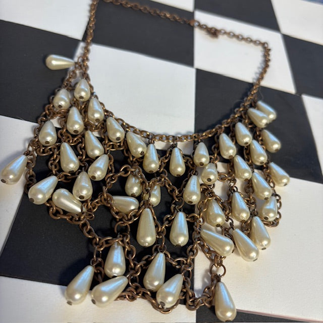 Brass and Faux Pearl Statement Necklace
