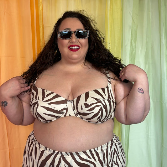 Brown and Cream Zebra Print Bikini Top (Size 44D)
