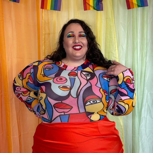 Sheer Mesh Rainbow Abstract Face Print Bodysuit