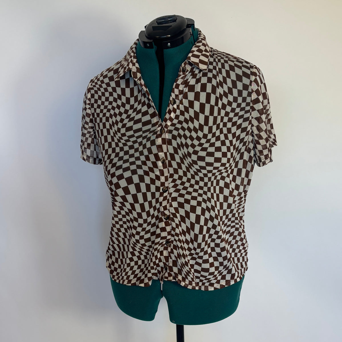 Cream and Brown Wavy Checkered Mesh Button Down Top