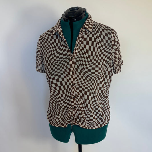 Cream and Brown Wavy Checkered Mesh Button Down Top