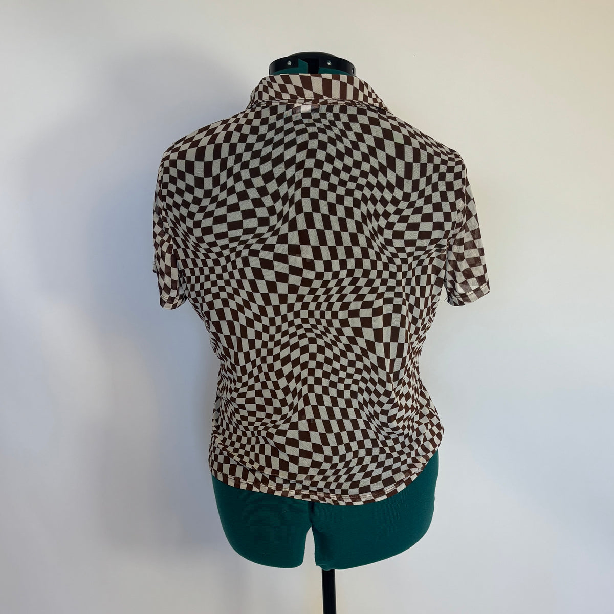 Cream and Brown Wavy Checkered Mesh Button Down Top
