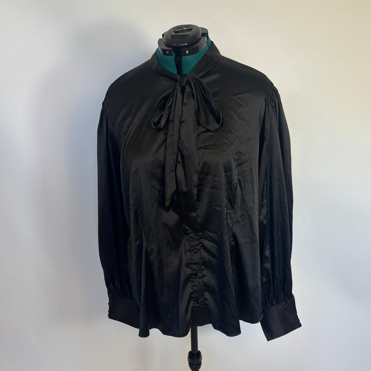 Unique Vintage Black Satin Pussybow Blouse